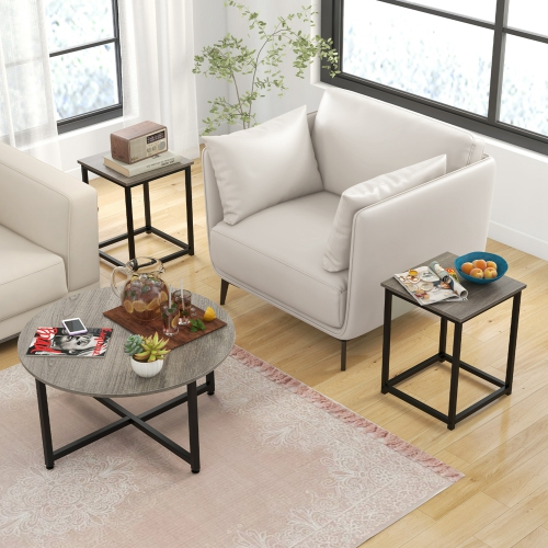 Costway 3 PCS Coffee Table Set Round Coffee Table and 2 PCS Square End Tables Metal Frame