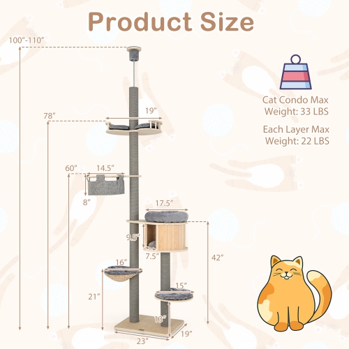 Gymax 6-tier Floor-to-Ceiling Cat Tree w/ Cat Condo Hammock Scratching Posts Platform