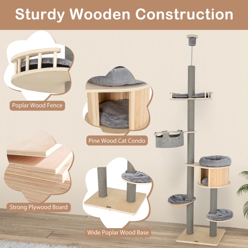 Gymax 6-tier Floor-to-Ceiling Cat Tree w/ Cat Condo Hammock Scratching Posts Platform