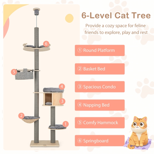 Gymax 6-tier Floor-to-Ceiling Cat Tree w/ Cat Condo Hammock Scratching Posts Platform