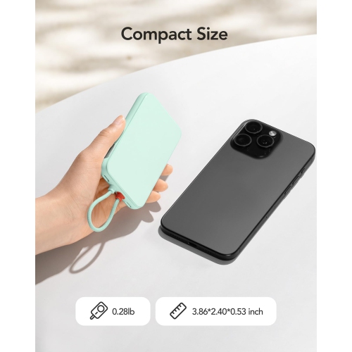 Mini Portable Charger for iPhone, Anti-Dropout Lightweight Fast Charging Power Bank with Built in Cable 20W, USB C in/Out Battery Pack,Compatible