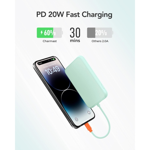 Mini Portable Charger for iPhone, Anti-Dropout Lightweight Fast Charging Power Bank with Built in Cable 20W, USB C in/Out Battery Pack,Compatible