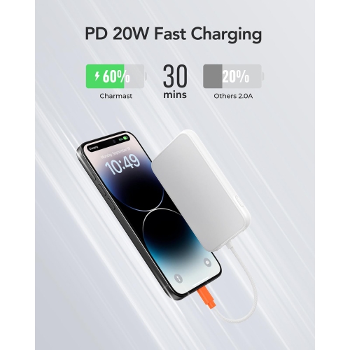 Mini Portable Charger for iPhone, Anti-Dropout Lightweight Fast Charging Power Bank with Built in Cable 5000mAh, USB C in/Out Battery Pack,
