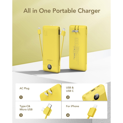 Portable Charger for iPhone Built in Cables Fast Charging USB C Slim 10000 Power Bank, Wall Plug USB Battery Pack for iPhones, iPad, Samsung More