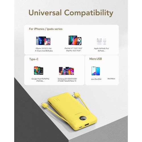 Portable Charger for iPhone Built in Cables Fast Charging USB C Slim 10000 Power Bank, Wall Plug USB Battery Pack for iPhones, iPad, Samsung More