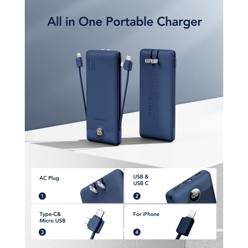 Chargeur portatif pour câbles intégrés iPhone chargement rapide USB-C mince 10000 mAh, prise murale, batterie USB pour iPhone, iPad, Samsung plus de