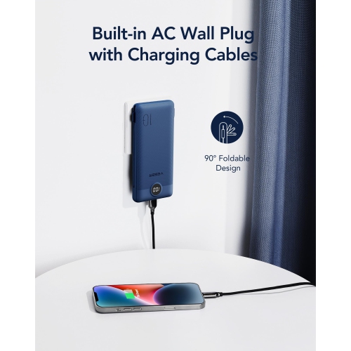 Chargeur portatif pour câbles intégrés iPhone chargement rapide USB-C mince 10000 mAh, prise murale, batterie USB pour iPhone, iPad, Samsung plus de