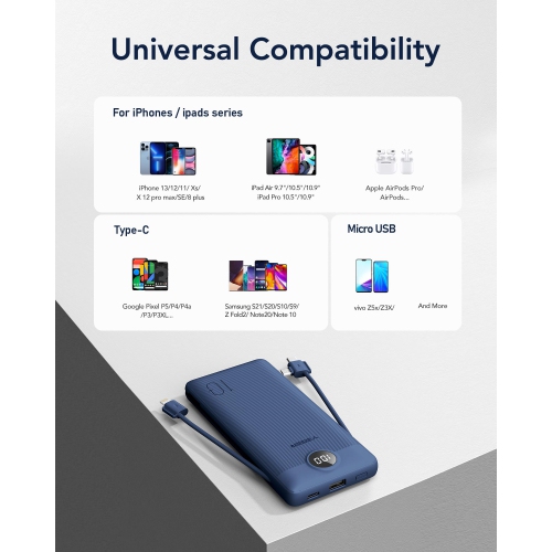 Chargeur portatif pour câbles intégrés iPhone chargement rapide USB-C mince 10000 mAh, prise murale, batterie USB pour iPhone, iPad, Samsung plus de