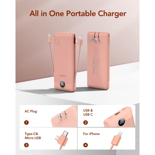 Portable Charger for iPhone Built in Cables Fast Charging USB C Slim 10000 Power Bank, Wall Plug USB Battery Pack for iPhones, iPad, Samsung More
