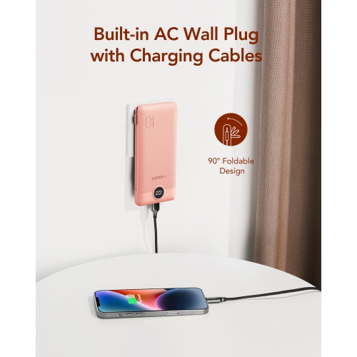 Portable Charger for iPhone Built in Cables Fast Charging USB C Slim 10000 Power Bank, Wall Plug USB Battery Pack for iPhones, iPad, Samsung More