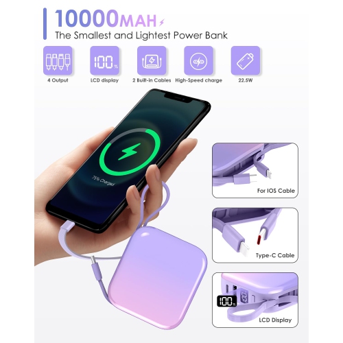 Mini Portable Charger Power Bank,22.5W 10000mAh Fast Charging with Built in iOS and USB-C Output Cable,LED Display Travel Battery Pack for iPhone
