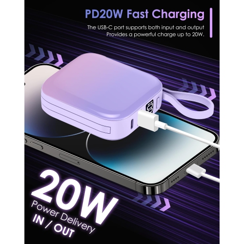 Mini Portable Charger Power Bank,22.5W 10000mAh Fast Charging with Built in iOS and USB-C Output Cable,LED Display Travel Battery Pack for iPhone