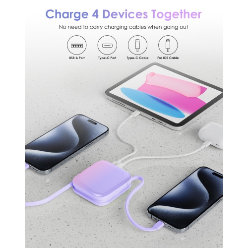 Mini Portable Charger Power Bank,22.5W 10000mAh Fast Charging with Built in iOS and USB-C Output Cable,LED Display Travel Battery Pack for iPhone