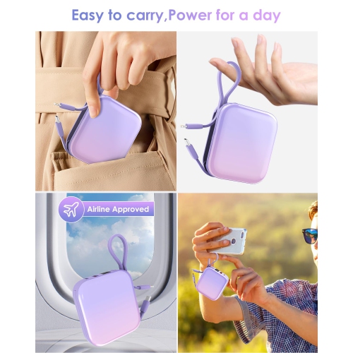 Mini Portable Charger Power Bank,22.5W 10000mAh Fast Charging with Built in iOS and USB-C Output Cable,LED Display Travel Battery Pack for iPhone