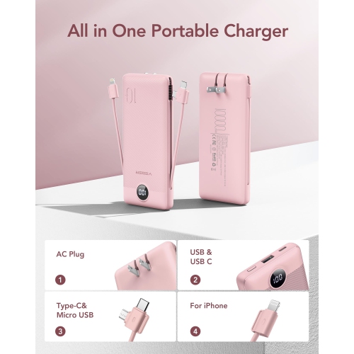 Portable Charger for iPhone Built in Cables Fast Charging USB C Slim 10000 Power Bank, Wall Plug USB Battery Pack for iPhones, iPad, Samsung More