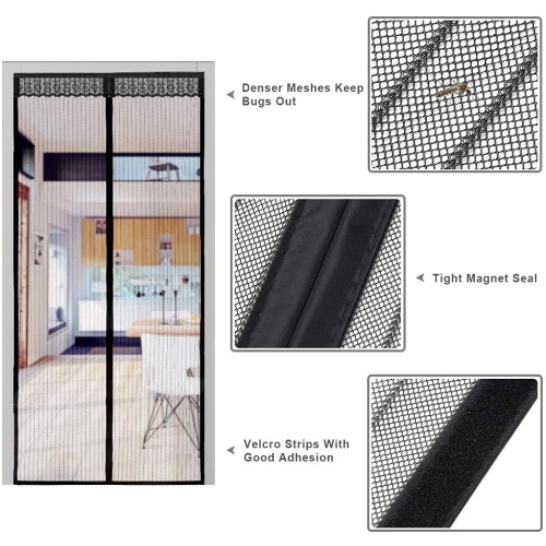 KUNOVA Size Up to 34"x82" Max Magnetic Screen Door Double Instant Mesh Curtain with Full Frame Magic Tape Mesh Door Cover for Front Door and Home