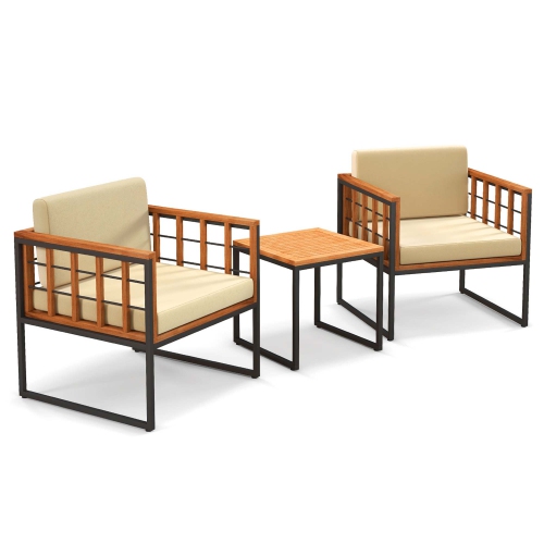 Ensemble de 3 chaises de patio en bois d'acacia avec coussins de siège moelleux en métal de Costway