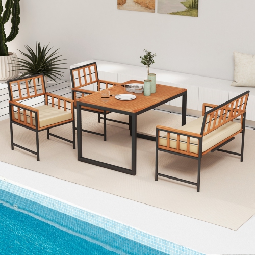 Ensemble patio 4 pièces avec mobilier de salle à manger extérieur en bois, 2 chaises et 1 causeuse Costway