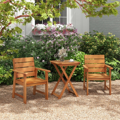 COSTWAY  3-PCs Outdoor Wood Bistro Set With 2 Hardwood Chairs & Folding Bistro Table Patio