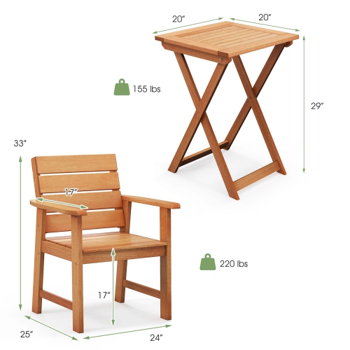 Costway 3-PCS Outdoor Wood Bistro Set with 2 Hardwood Chairs & Folding Bistro Table Patio