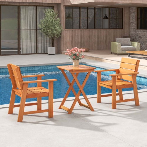 Costway 3-PCS Outdoor Wood Bistro Set with 2 Hardwood Chairs & Folding Bistro Table Patio