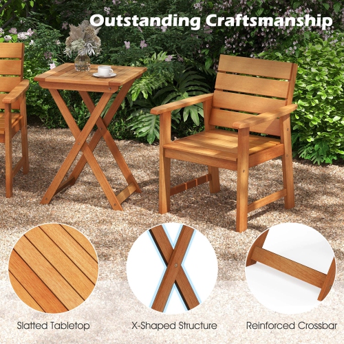 Costway 3-PCS Outdoor Wood Bistro Set with 2 Hardwood Chairs & Folding Bistro Table Patio