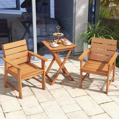 Costway 3-PCS Outdoor Wood Bistro Set with 2 Hardwood Chairs & Folding Bistro Table Patio