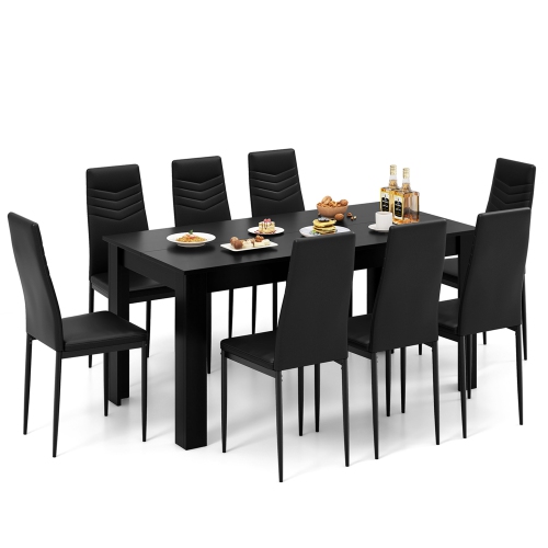 COSTWAY  Modern Rectangular Kitchen Table Set With 8 Pvc Leather Dining Chairs In Black