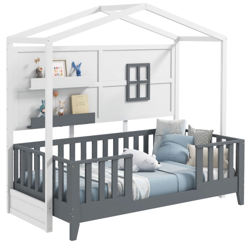 Lit simple pour enfants avec lattes en bois pour fenêtre de clôture et 2 tablettes de rangement de Costway