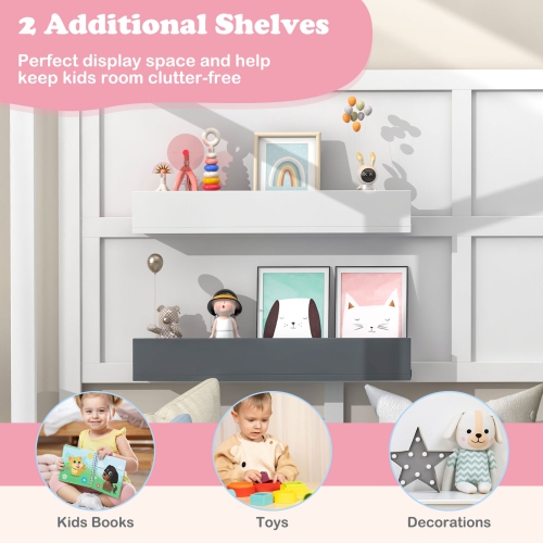 Lit simple pour enfants avec lattes en bois pour fenêtre de clôture et 2 tablettes de rangement de Costway