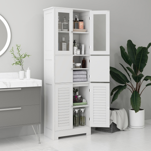 HOMCOM Tall Bathroom Cabinet, Bathroom Storage Cabinet With Glass/Louvred Doors and Adjustable Shelf, Linen Cabinet, White