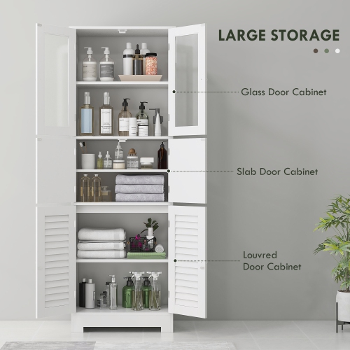 HOMCOM Tall Bathroom Cabinet, Bathroom Storage Cabinet With Glass/Louvred Doors and Adjustable Shelf, Linen Cabinet, White