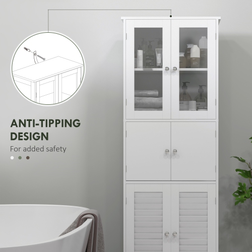 HOMCOM Tall Bathroom Cabinet, Bathroom Storage Cabinet With Glass/Louvred Doors and Adjustable Shelf, Linen Cabinet, White
