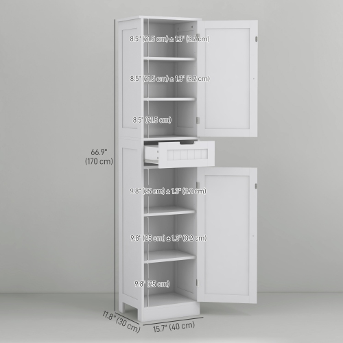 HOMCOM Tall Bathroom Storage Cabinet, Narrow Bathroom Cabinet with Doors, Drawer and Adjustable Shelves, Freestanding Linen Tower, White
