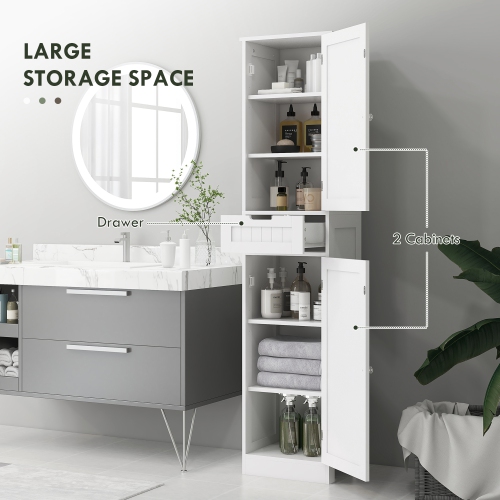 HOMCOM Tall Bathroom Storage Cabinet, Narrow Bathroom Cabinet with Doors, Drawer and Adjustable Shelves, Freestanding Linen Tower, White
