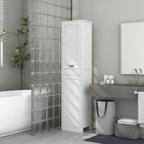 HOMCOM Tall Bathroom Storage Cabinet, Narrow Bathroom Cabinet with Doors, Drawer and Adjustable Shelves, Freestanding Linen Tower, White