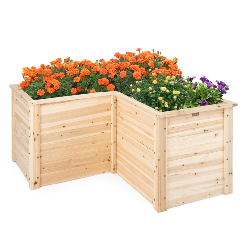 Costway 24" L-Shaped Deep Root Planter Box Wooden Raised Garden Bed with Open-Ended Base