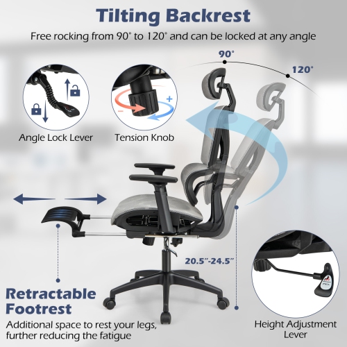 Costway Mesh Office Chair Executive Chair with 90°-120° Tilting Backrest Lumbar Support
