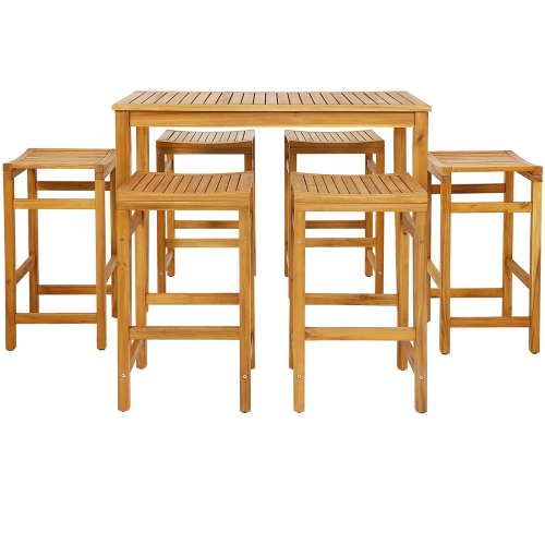 Costway 7 PCS Acacia Wood Bar Table Set 45" Rectangular Dining Table & 6 Saddle Stools