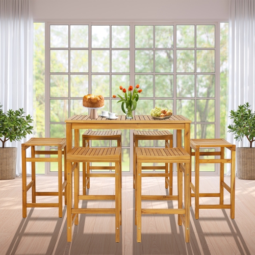 Costway 7 PCS Acacia Wood Bar Table Set 45" Rectangular Dining Table & 6 Saddle Stools