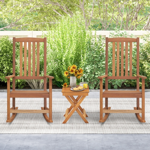 COSTWAY  Wood Folding Square Table & 2PCs Rocking Chair Set With Slatted Seat & Tabletop
