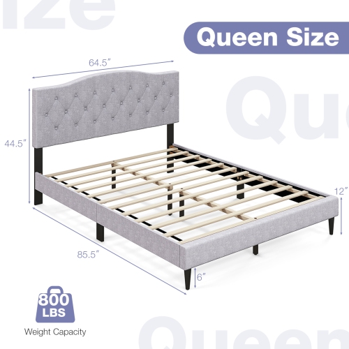 Costway Queen Size Upholstered Platform Bed Linen Bed Frame with Button Tufted Headboard