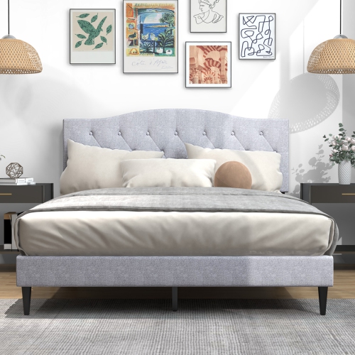 Costway Queen Size Upholstered Platform Bed Linen Bed Frame with Button Tufted Headboard