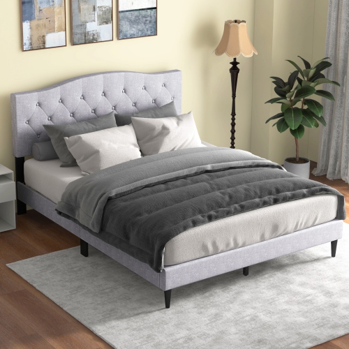 Costway Queen Size Upholstered Platform Bed Linen Bed Frame with Button Tufted Headboard