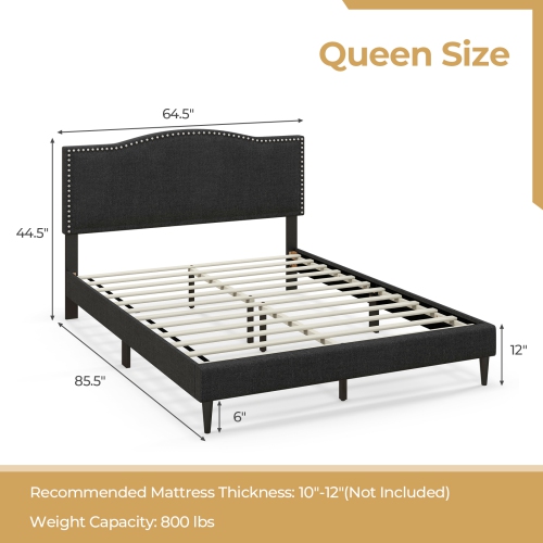 Costway Queen Size Upholstered Bed Frame with Nailhead Trim Headboard Wooden Slats Support