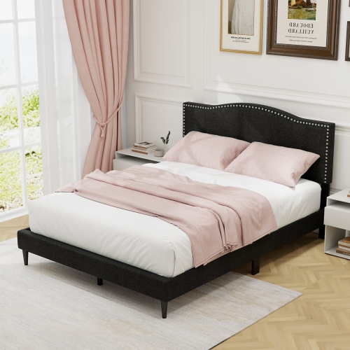 Costway Queen Size Upholstered Bed Frame with Nailhead Trim Headboard Wooden Slats Support