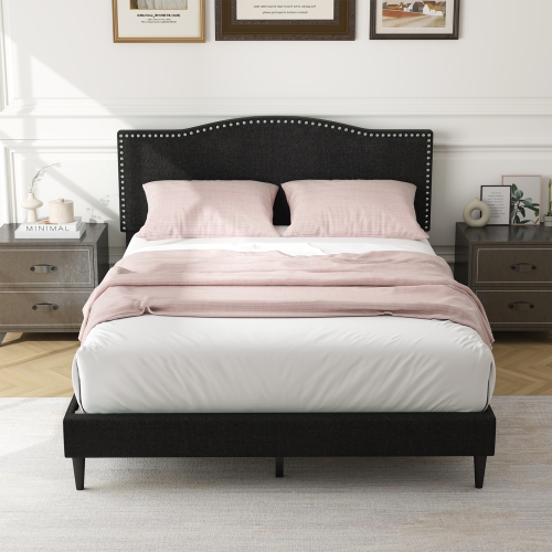 Costway Queen Size Upholstered Bed Frame with Nailhead Trim Headboard Wooden Slats Support