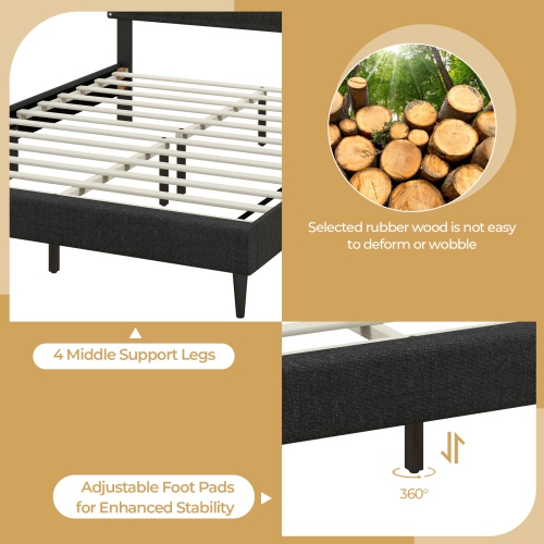 Costway Queen Size Upholstered Bed Frame with Nailhead Trim Headboard Wooden Slats Support