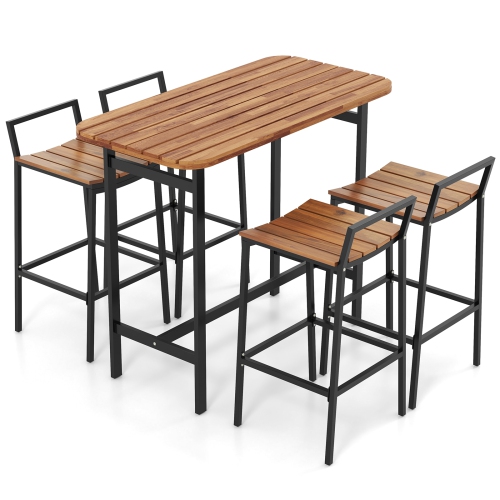 Costway 5 PCS Acacia Wood Bar Table Set Outdoor Bar Height Table & Chairs with Metal Frame