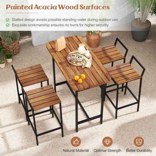Costway 5 PCS Acacia Wood Bar Table Set Outdoor Bar Height Table & Chairs with Metal Frame